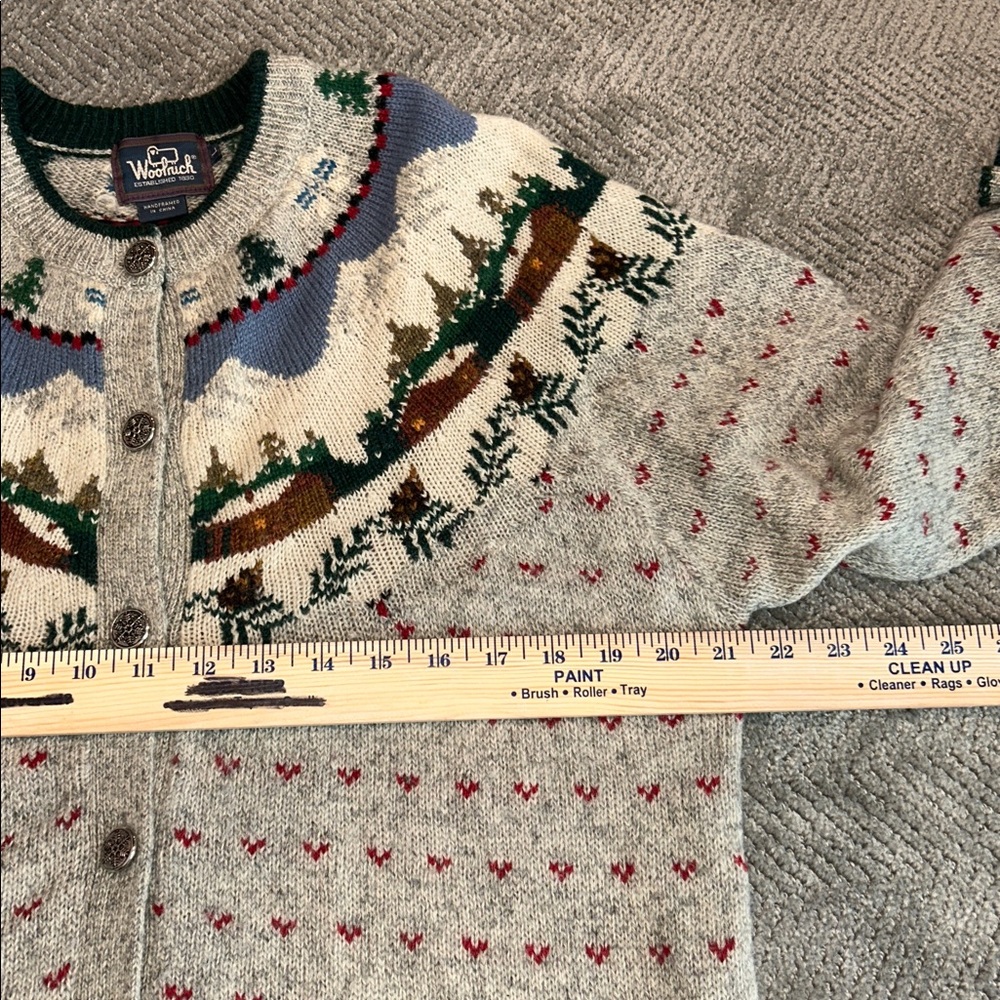 Vintage Woolrich Gray Fair Isle Wool Cardigan Sweater Nordic Button Front Size L - Picture 9 of 11